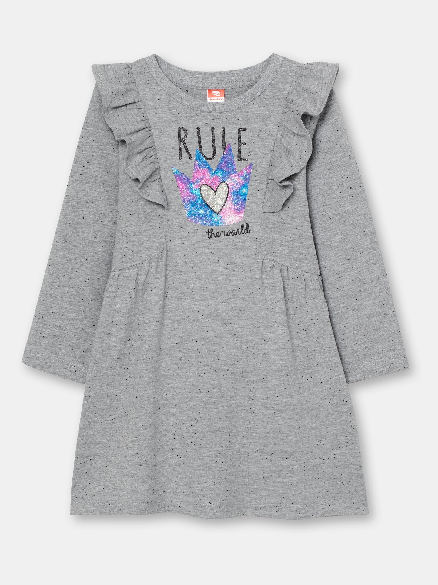 CWKG 62888-11-290 - Cherubino girls light grey melange dress with rule the world print - front