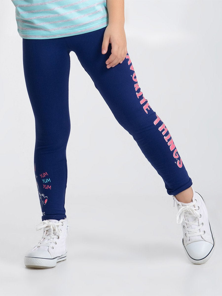 Girl Dark Blue Leggings with Sweet Kitten Print