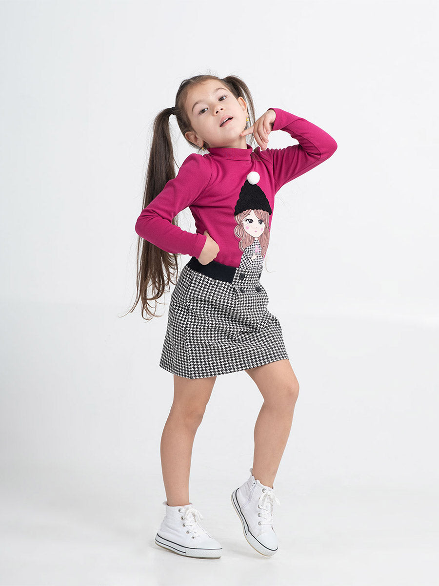 Girl Black and White Checked Print Skirt