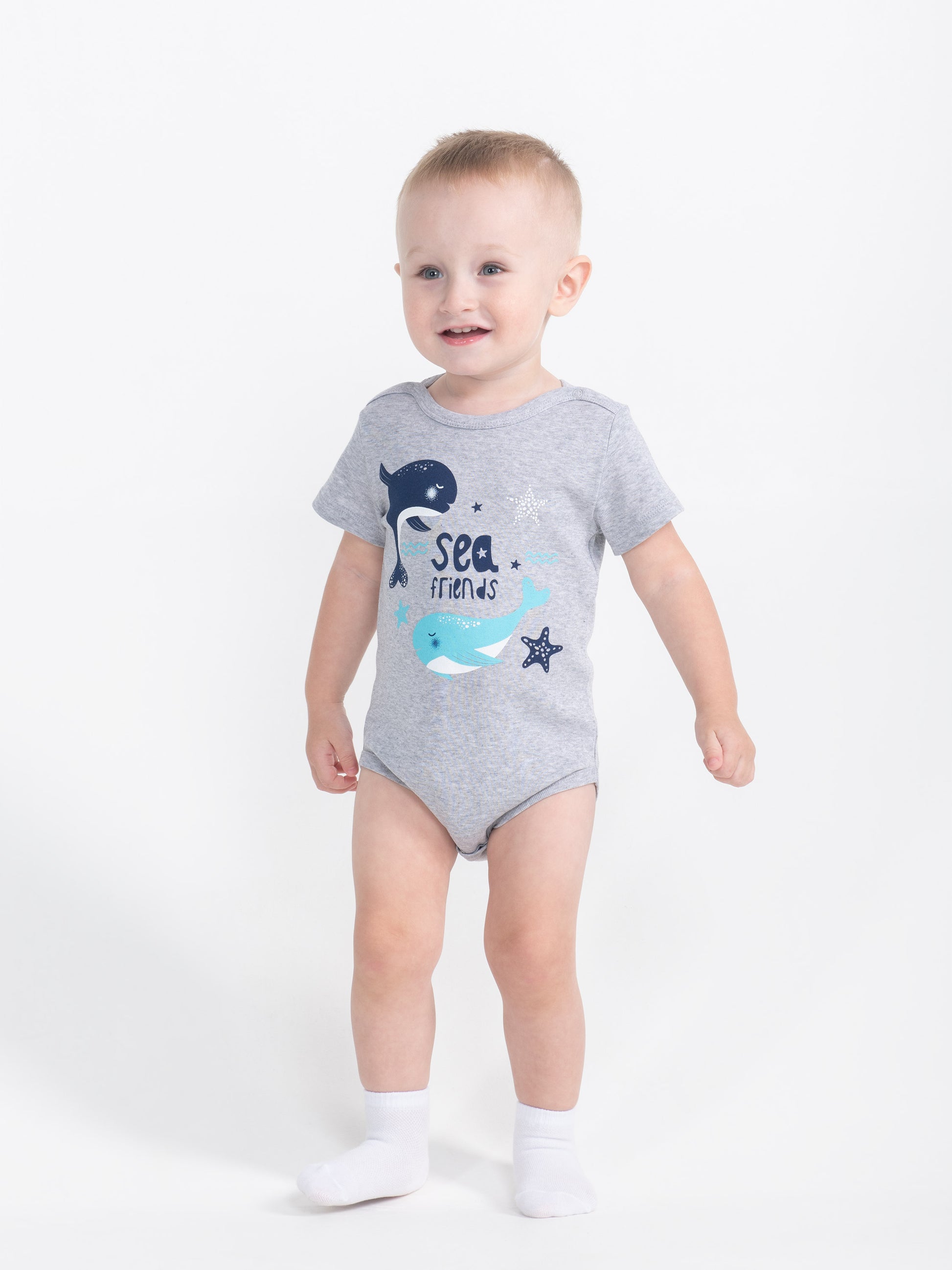 CWNB 40026-11-289 - Cherubino newborn baby boys light grey melange bodysuit with sea friends print - model1