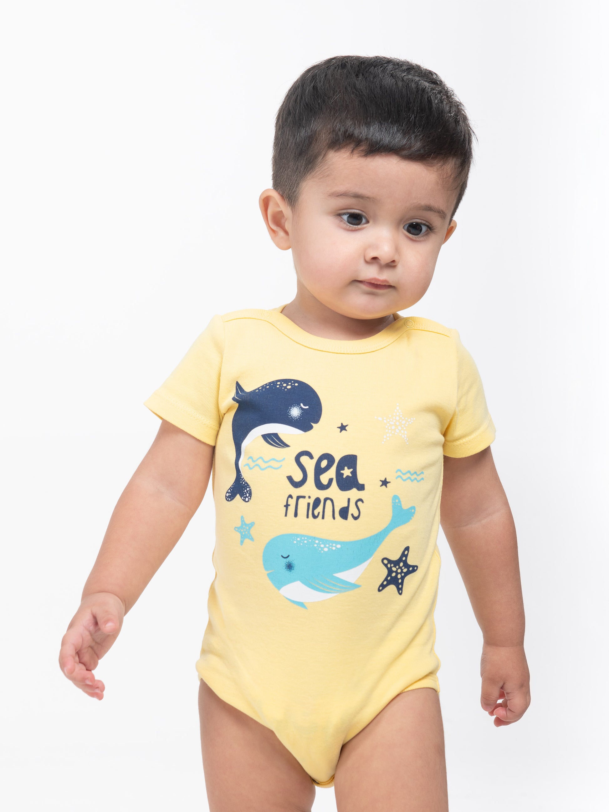 CWNB 40026-30-289 - Cherubino newborn baby boys yellow bodysuit with sea friends print - model2
