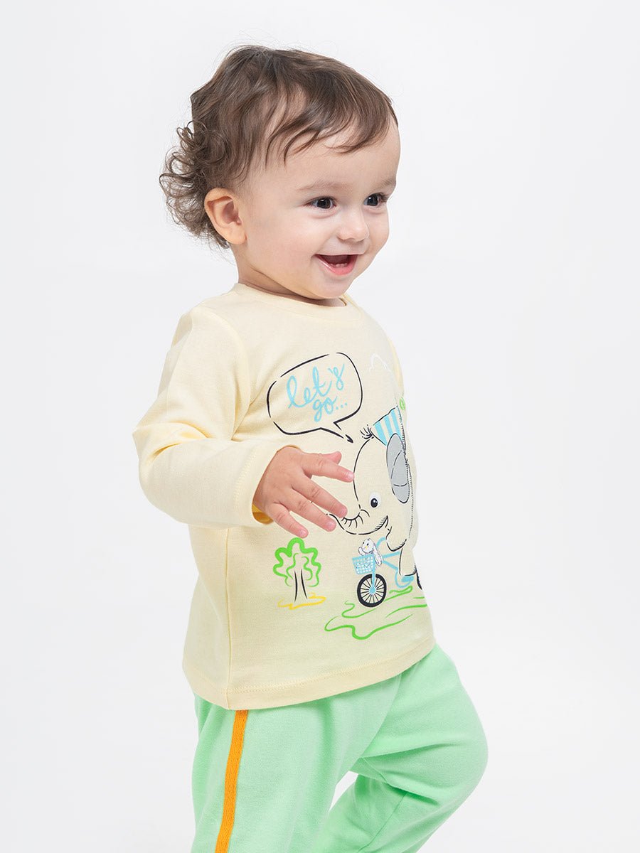 CWNB 62833-21-285 - Cherubino baby boys ecru long sleeve t-shirt with elefunto on bike print - model1