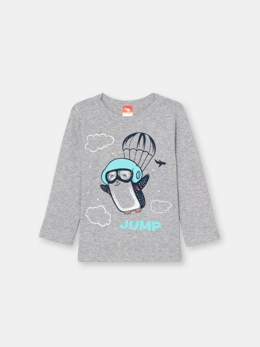 CWNB 62879-11-289 - Cherubino baby boys light grey melange long sleeve t-shirt with penguin jump print - front