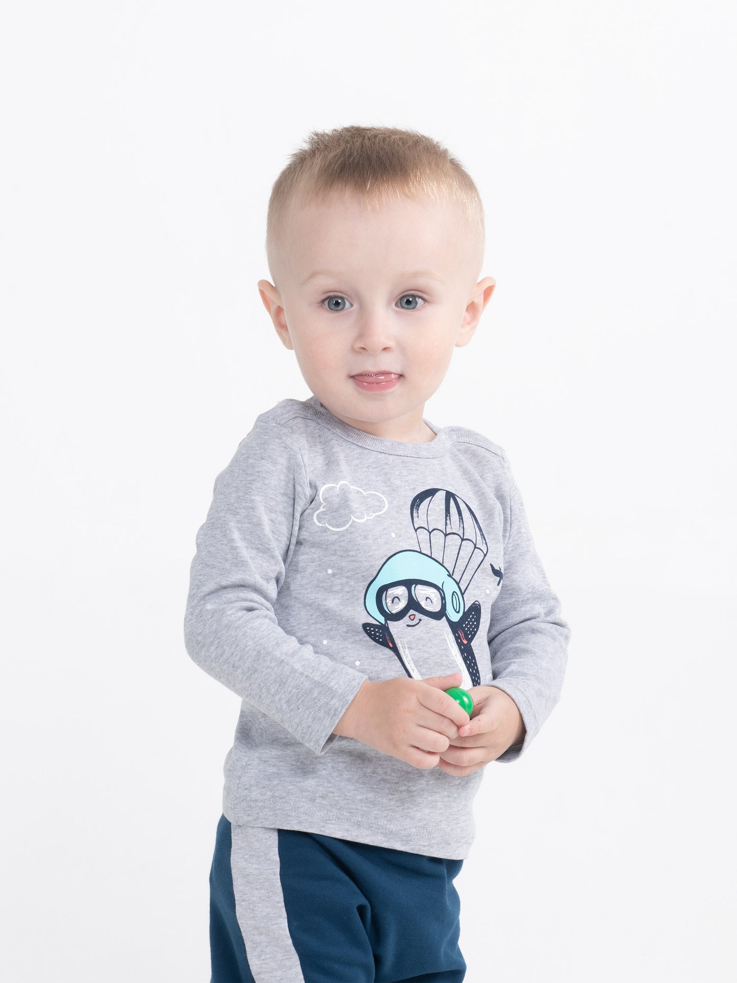 CWNB 62879-11-289 - Cherubino baby boys light grey melange long sleeve t-shirt with penguin jump print - model2