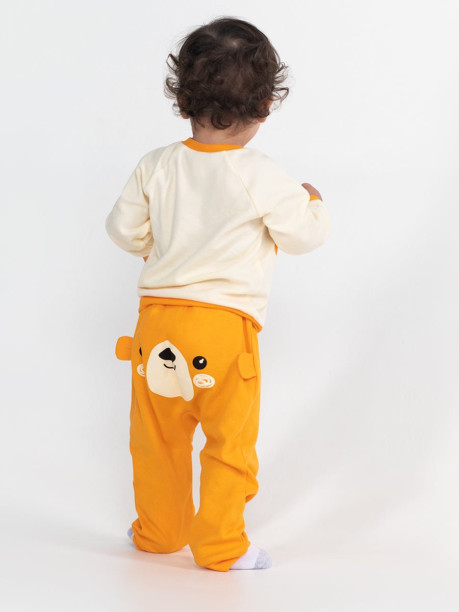CWNB 70081-29-285 - Cherubino newborn baby boys orange pants with bear face print - model1