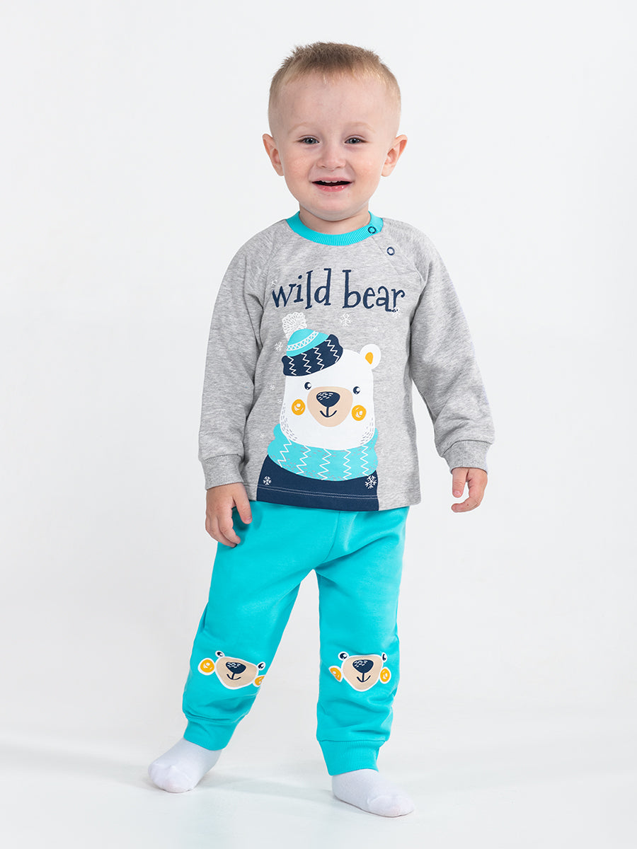 Baby Boys Grey Two-Piece Set with Wild Bear Print